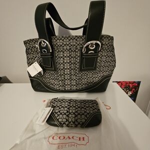 Coach Black and Gray Shoulder Bag w/ Signature Pattern With Matching Coin Purse